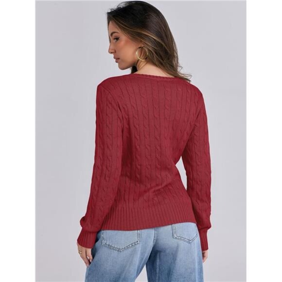 Women's Long Sleeve Cable Knit Sweater Fall V Neck Fitted Pullover Top - Picture 6 of 7